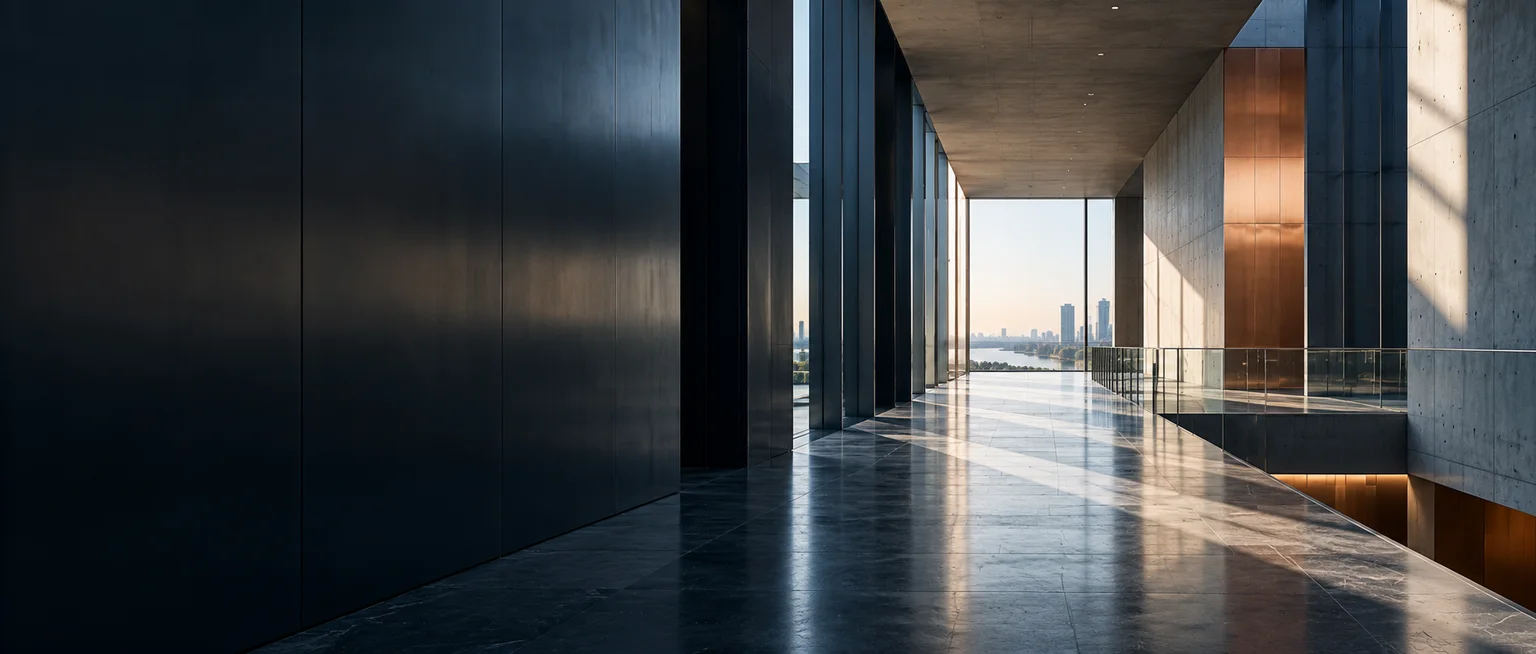A precise architectural corridor leading toward a clear destination